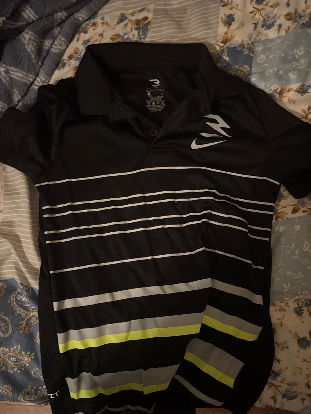 Nike Black Polo with White and Neon Yellow Stripes